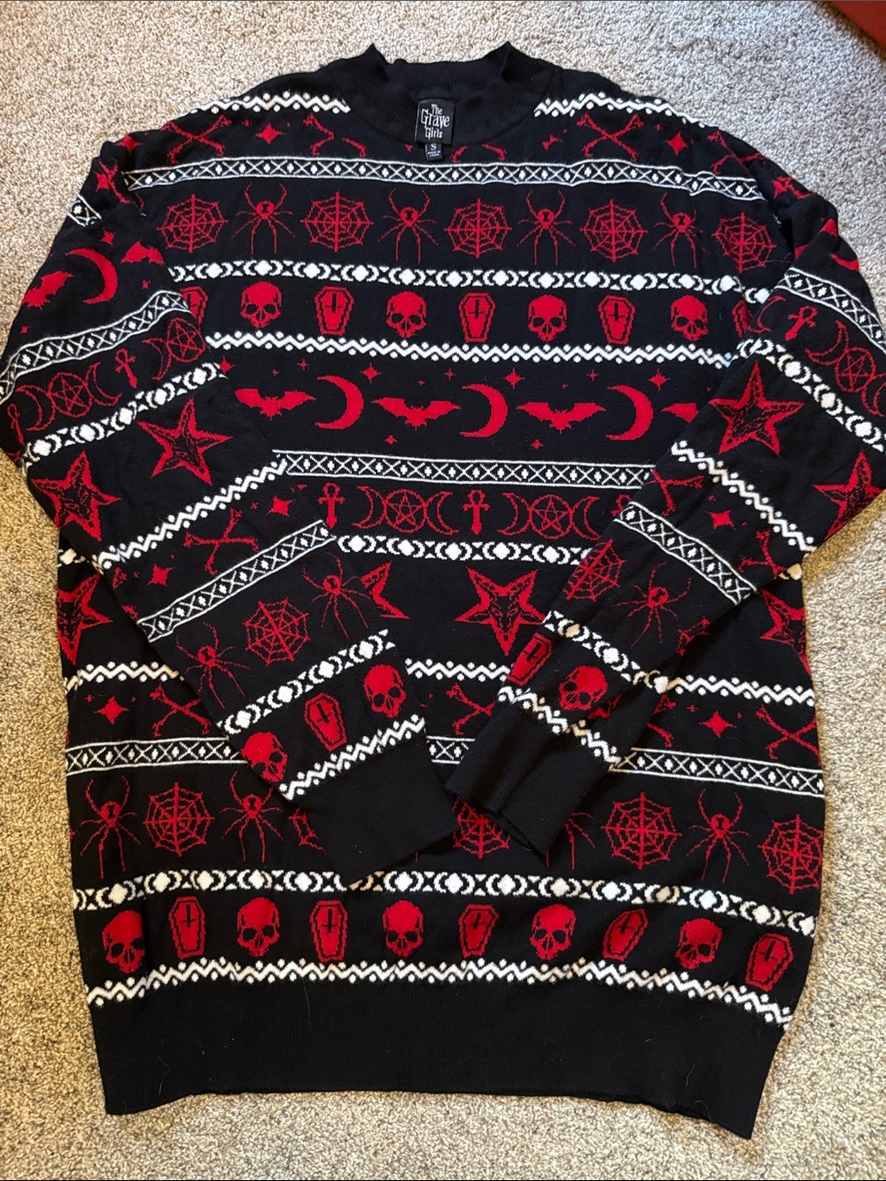 women’s dollskill grave girls Black & Red Gothic Fair Isle Sweater intarsia S